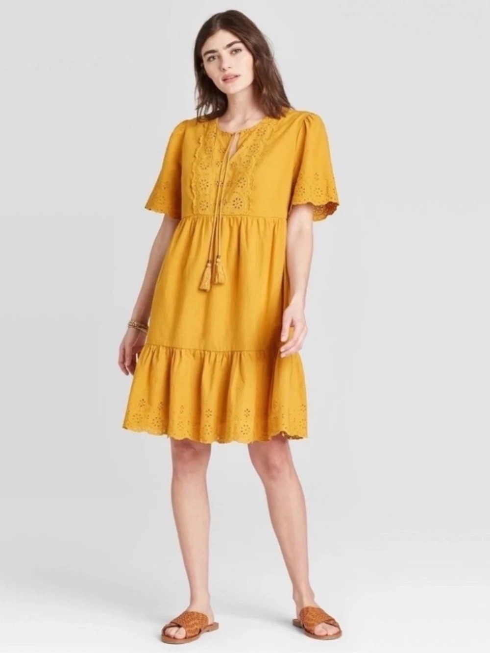 Eyelet Tiered Mini Dress in Mustard